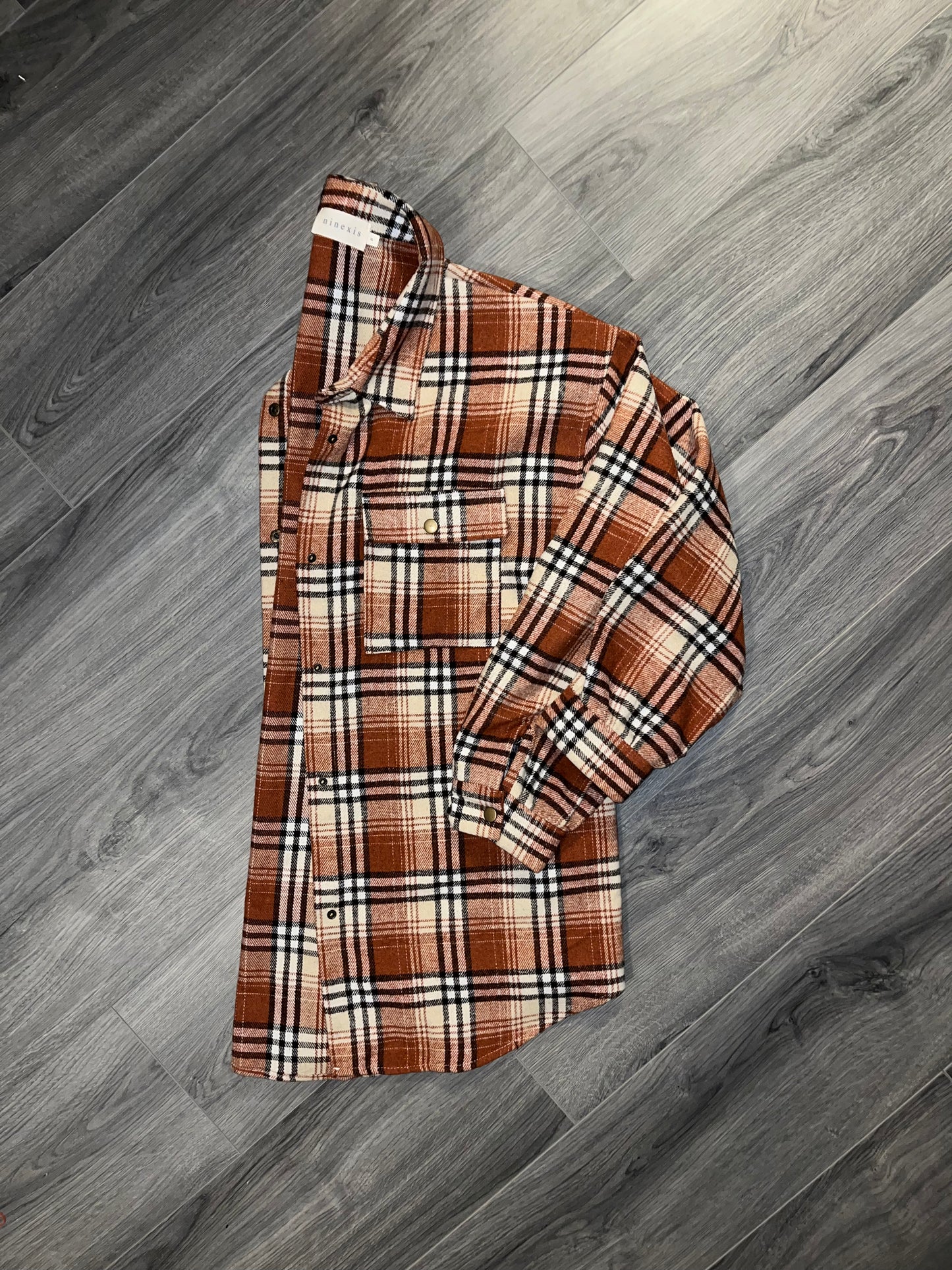 Effortlessly Stylish: Flannel Plaid Shacket Jacket in Maple and Navy