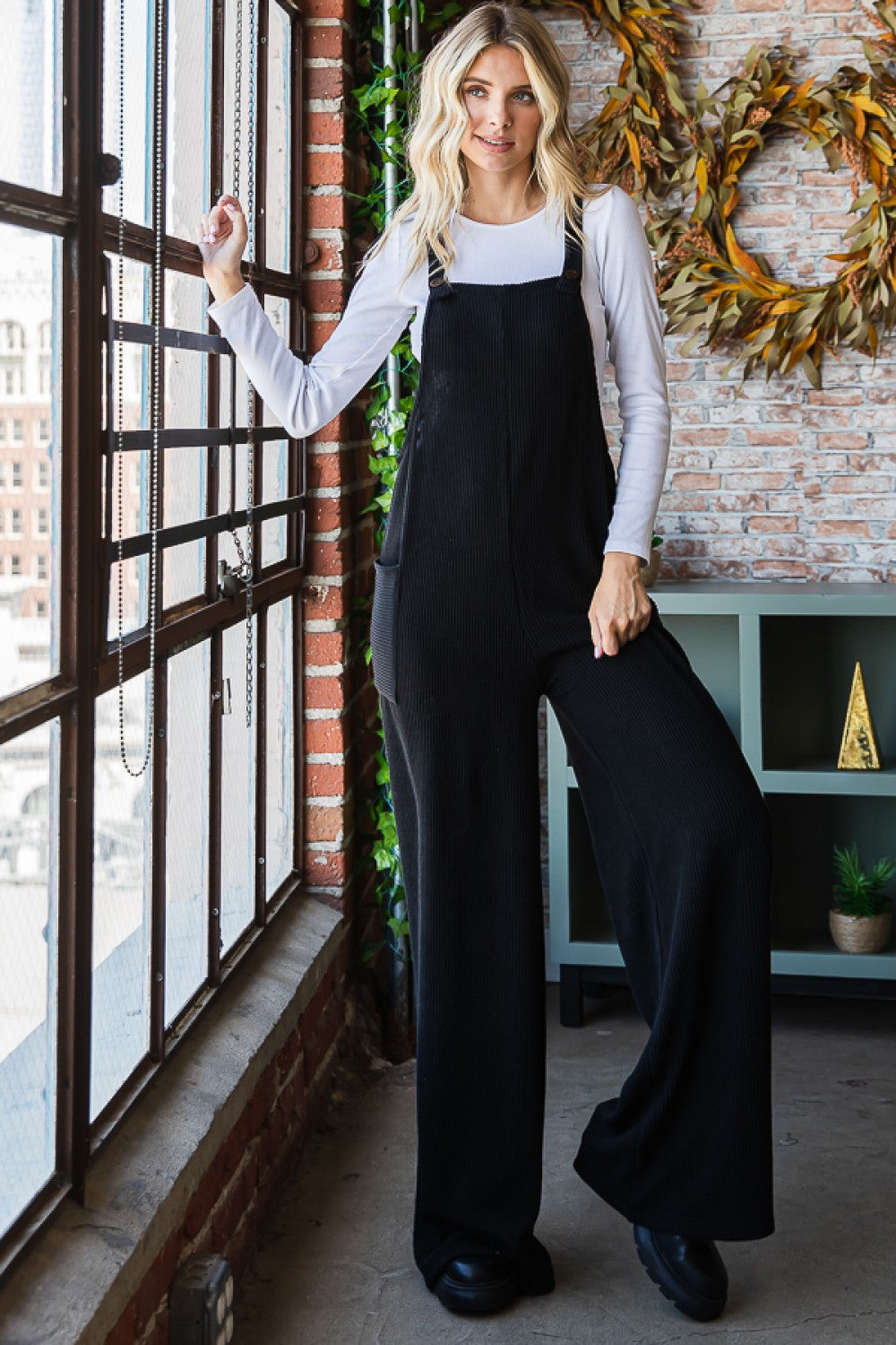 Ribbed Wide Leg Overall Jumpsuit