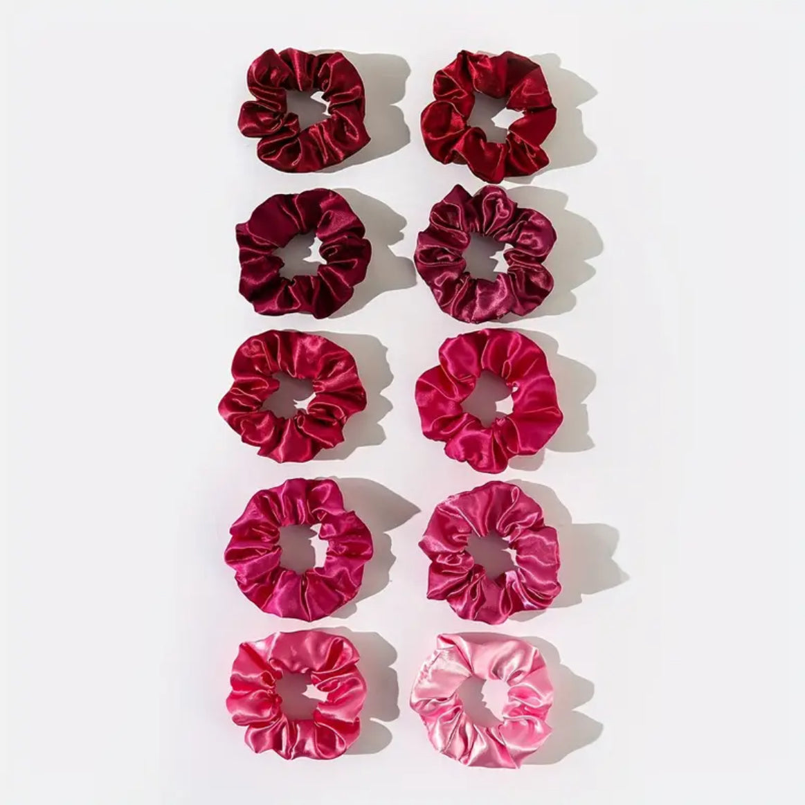 Set of 10 Pink & Red Satin Scrunchies