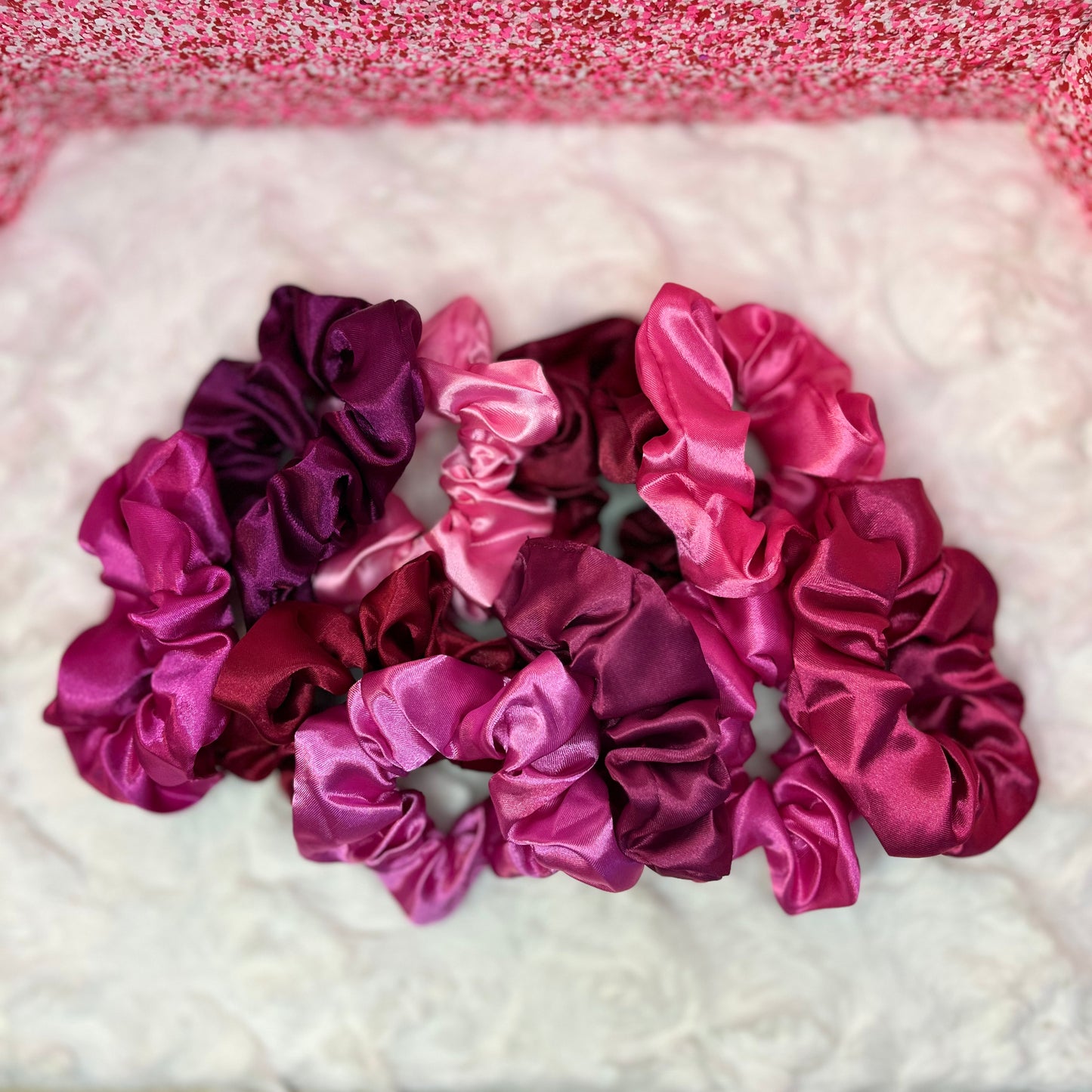 Set of 10 Pink & Red Satin Scrunchies