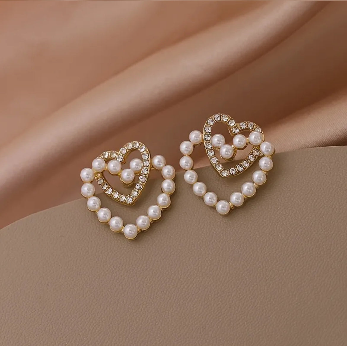 Faux Pearl & Sparkling Heart Earrings