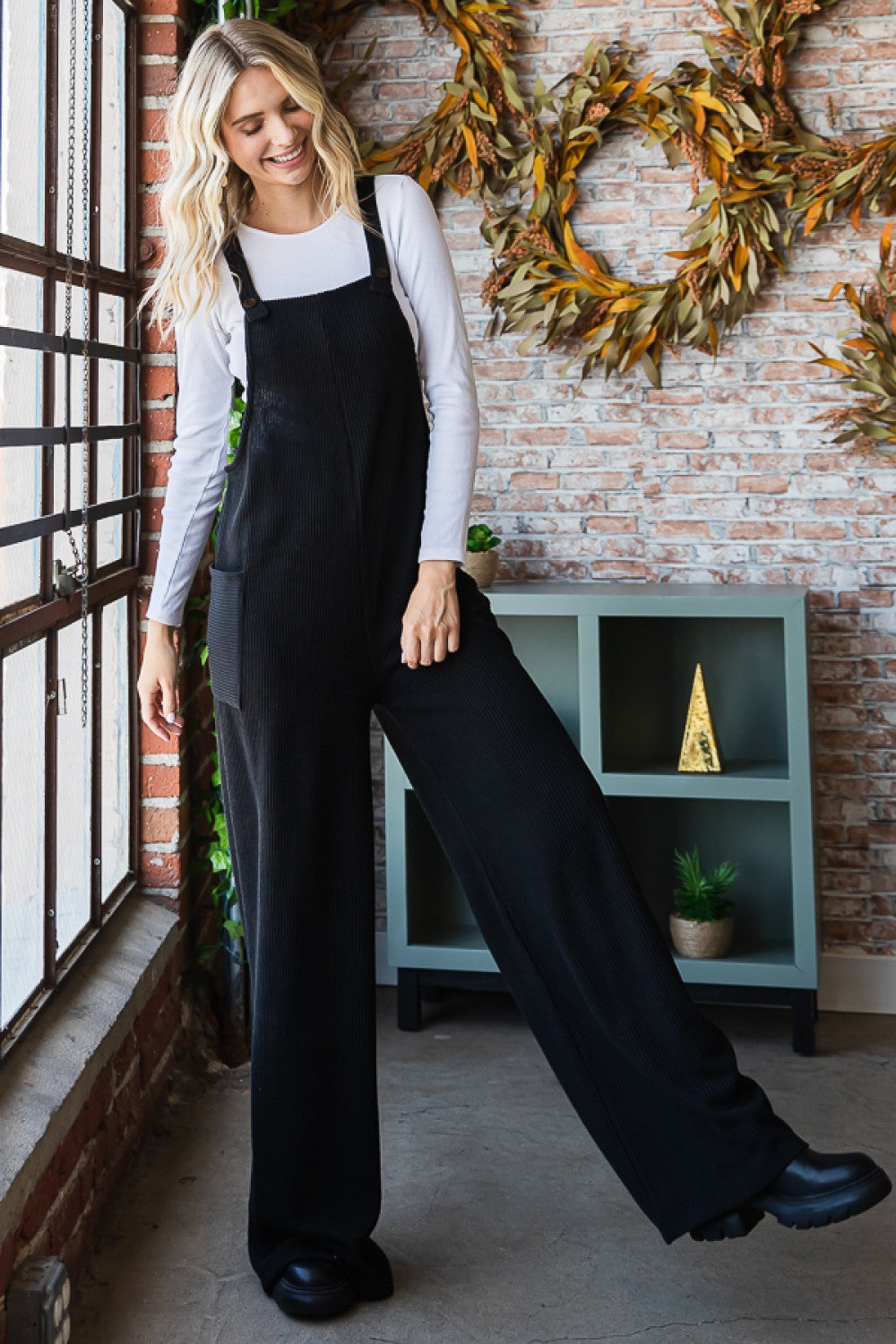 Ribbed Wide Leg Overall Jumpsuit
