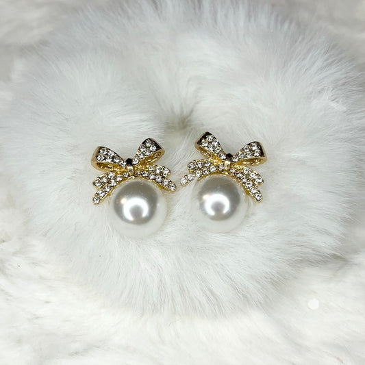 Sparkling Bow & Pearl Stud Earrings