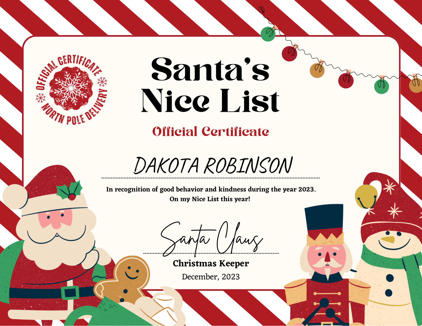 Personalized Christmas Nice List Certificate