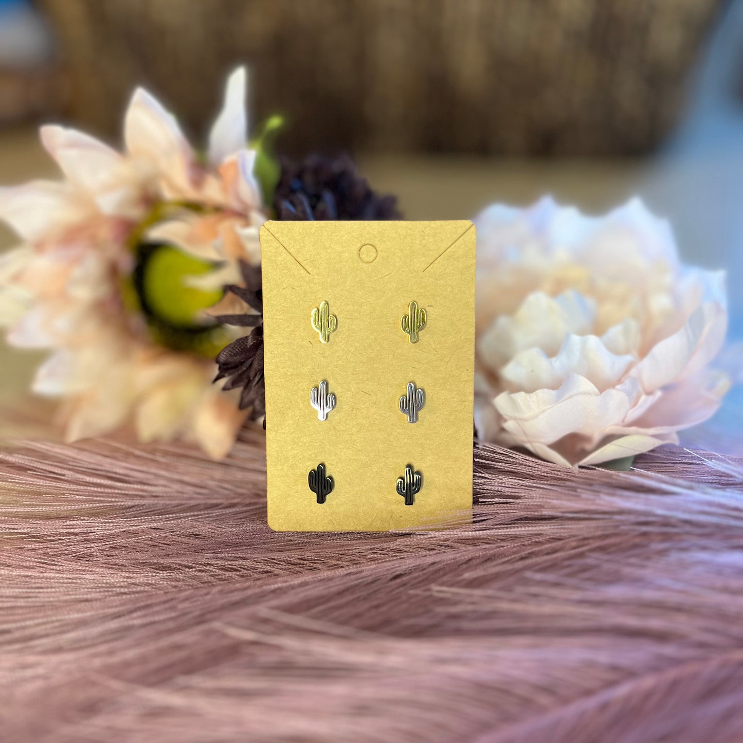 3pc Sterling Silver Cactus Gold, Silver, & Black Stud Earrings