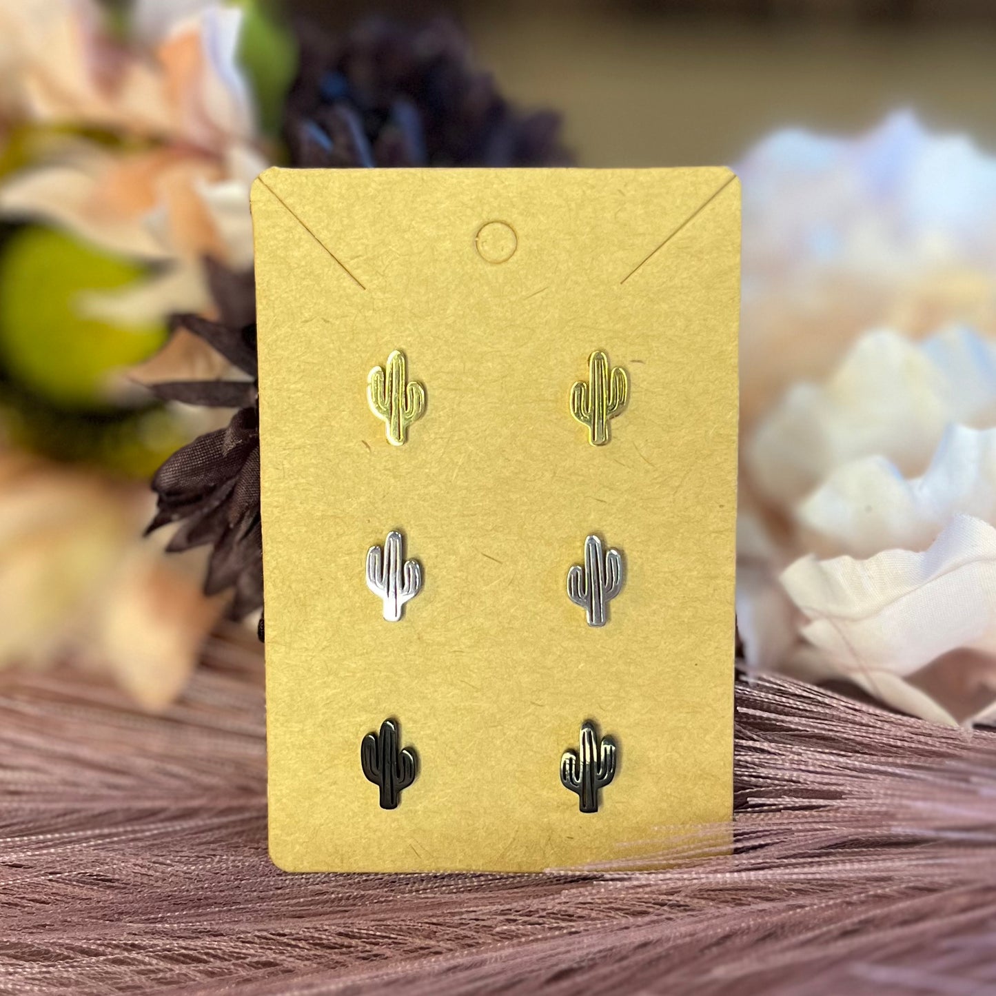 3pc Sterling Silver Cactus Gold, Silver, & Black Stud Earrings