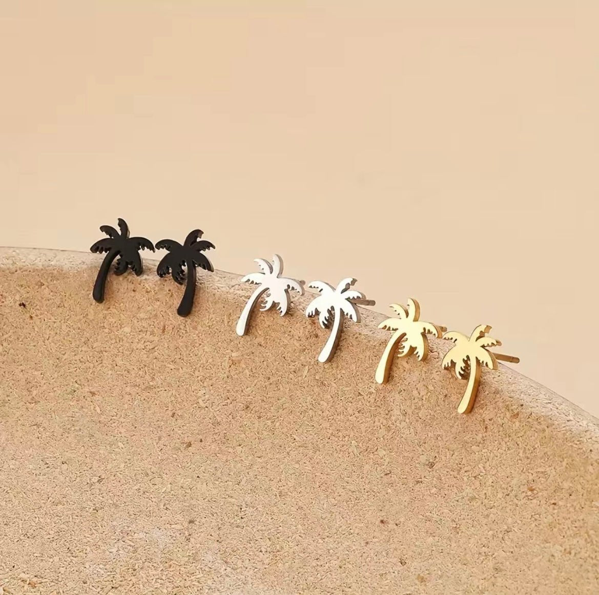 3pc Sterling Silver Palm Tree Gold, Silver, & Black Stud Earrings - A World With You Travel